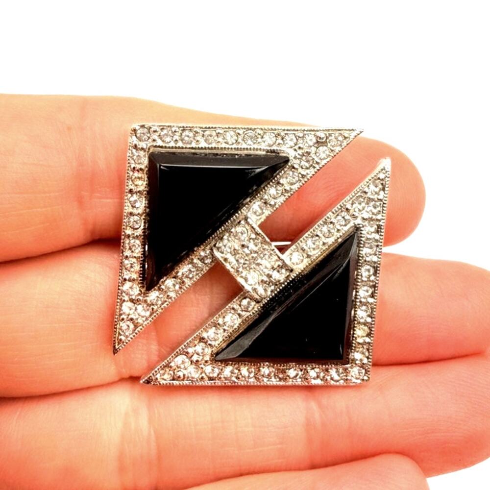 Vtg Les Bernard Art Deco Brooch Black Glass White Crystals Square Triangles Rare